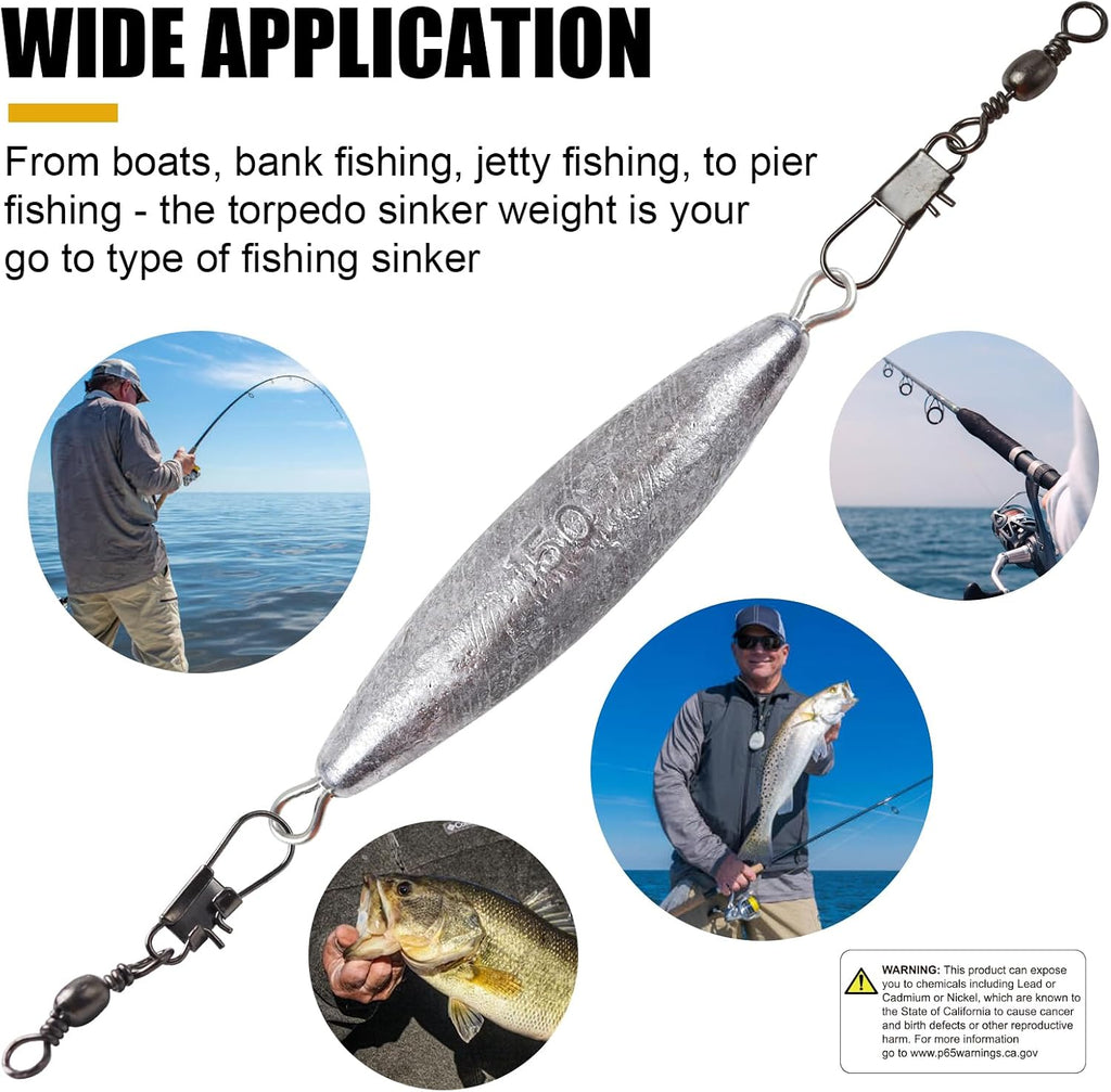 Through Wire Inline Torpedo Sinkers, Lead Double Ringed One Piece Wire Saltwater Fishing Torpedo Weights for Bottom Surf Fishing 1oz, 2oz, 3oz, 4oz, 5oz