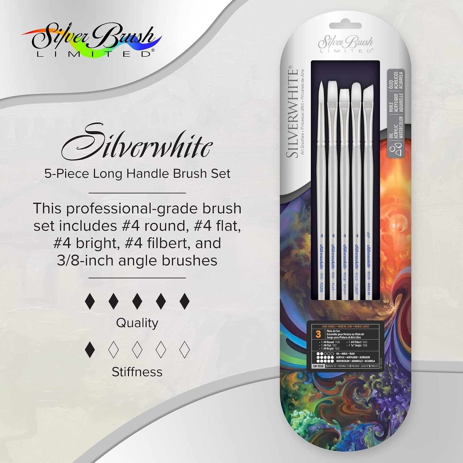Silver Brush Limited Silverwhite Plein Air Watercolor Paintbrush Set, 5pc