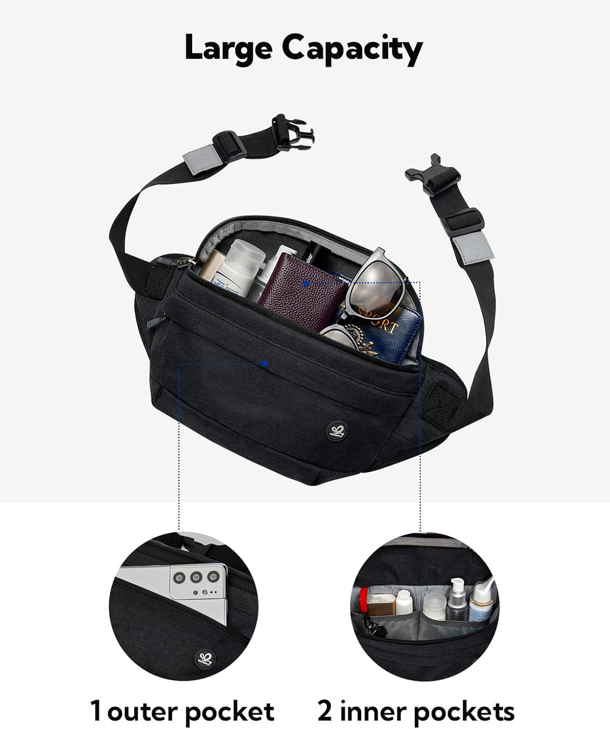 WATERFLY Fanny Pack Waist Bag: Large Crossbody Fannie Bum Belt Bag Hip Phanny Pack for Men Women Outdoor Sport Hiking Traveling Walking