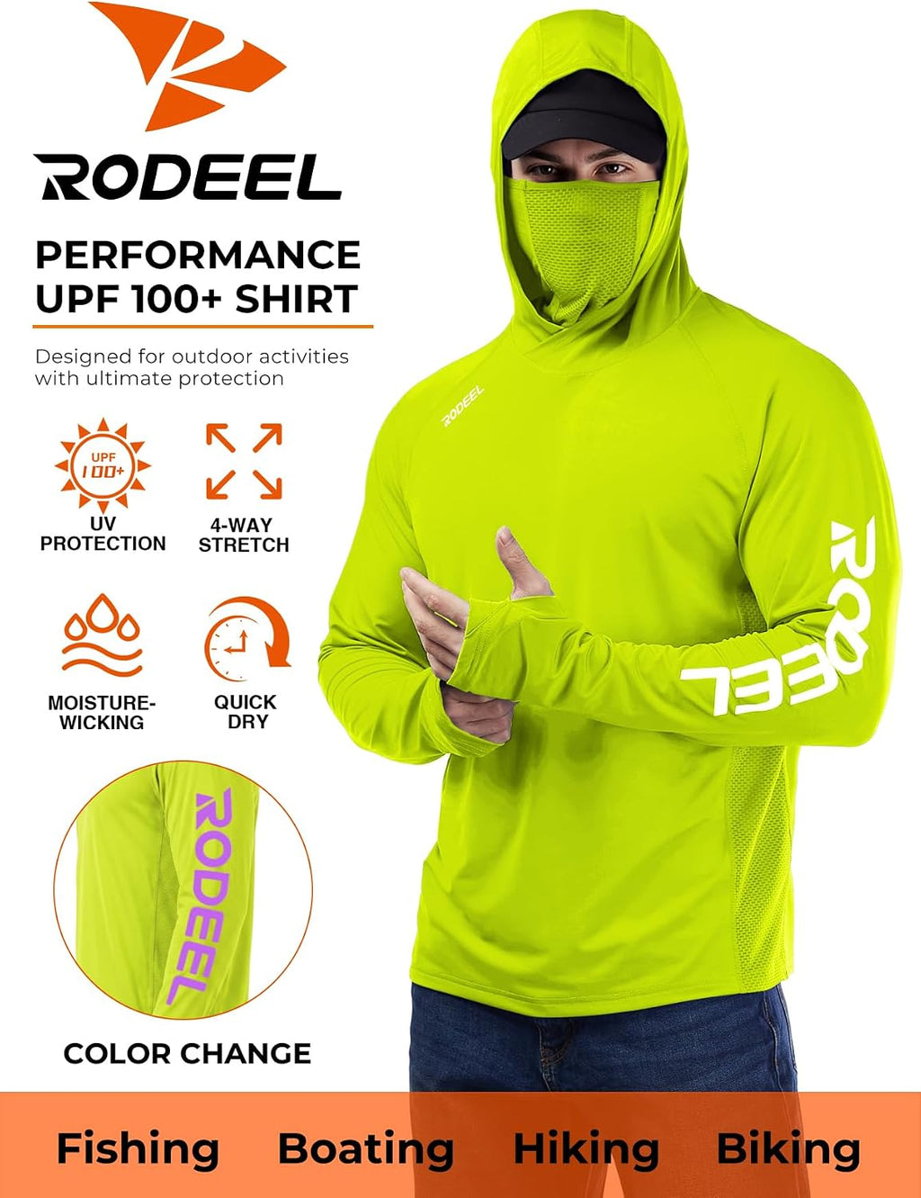 Rodeel UPF 50+ Men’s Long Sleeve Performance Fishing Hiking Shirt with Mask UV Neck Gaiter Hoodie