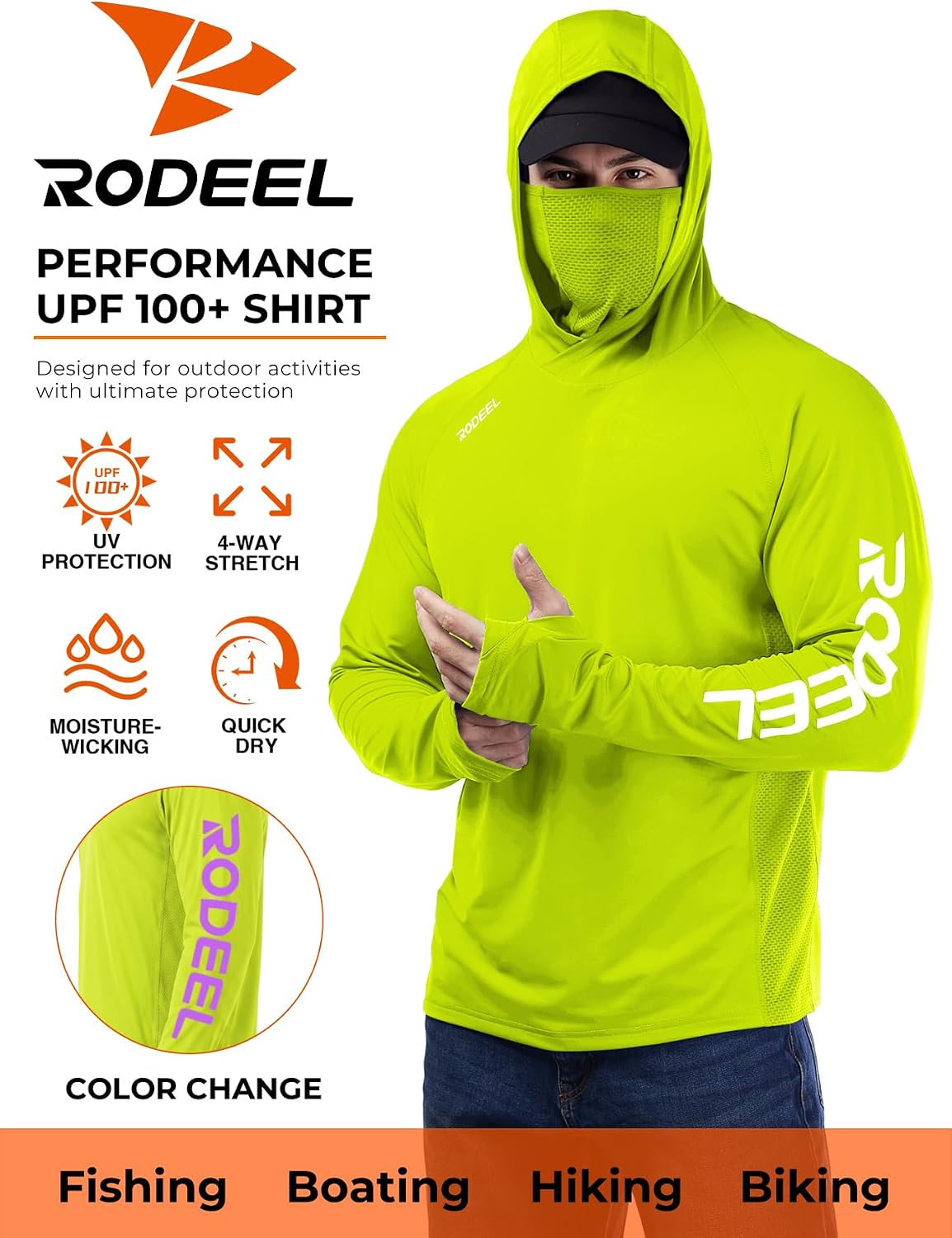 Rodeel UPF 50+ Men’s Long Sleeve Performance Fishing Hiking Shirt with Mask UV Neck Gaiter Hoodie