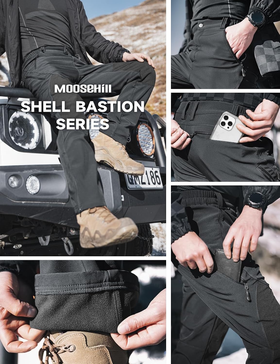 Moosehill Mens Fleece-Lined Hiking Pants: Extended Leg Zippers 7 Pockets