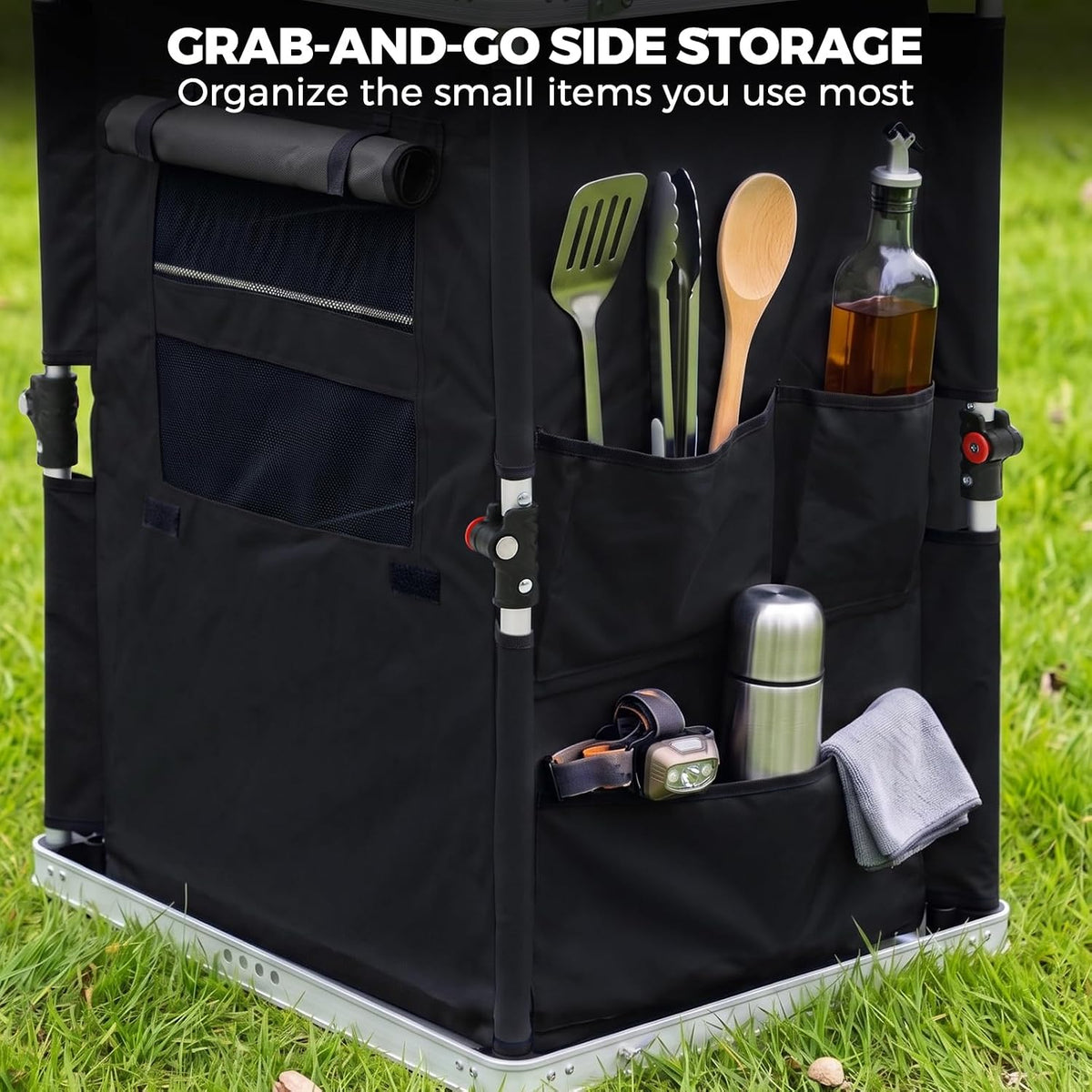 EAGLE PEAK Outdoor Folding Camping Table with Large 3-Tier Storage Organizer and Side Pockets, Easy Set Up Portable Aluminum Camping Kitchen, Black