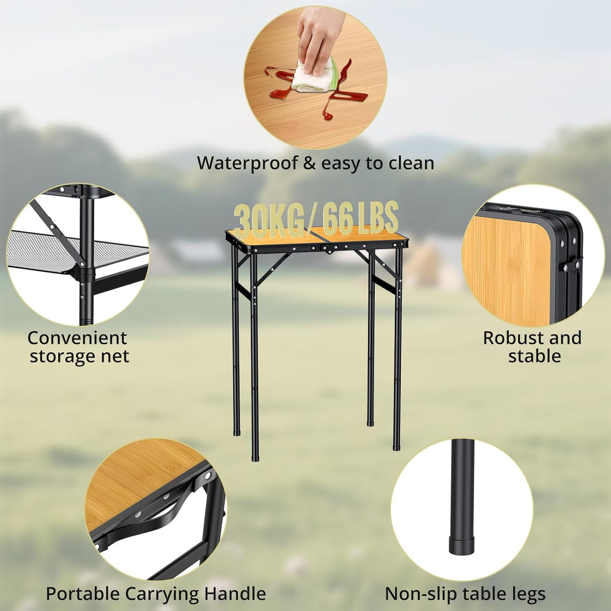 Anbte 2ft Folding Camping Table Max 29.5", 3 Adjustable Height, Yellow