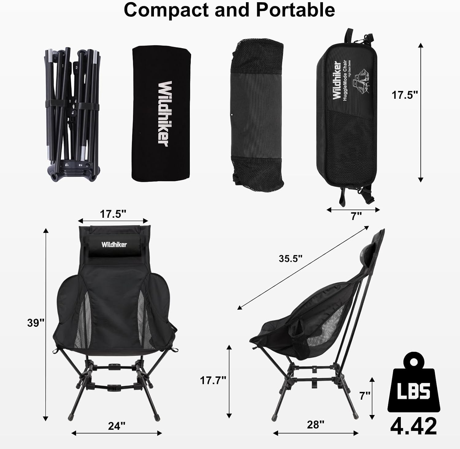 Wildhiker HuggleMode High Back Folding Camping Chair, 2 Seat Heights -Black
