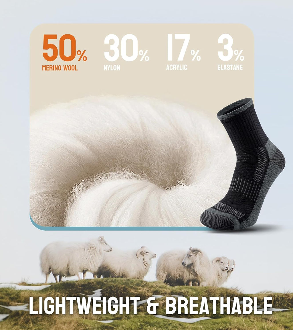 TANSTC Merino Wool Socks, Breathable Cushioned Hiking Socks