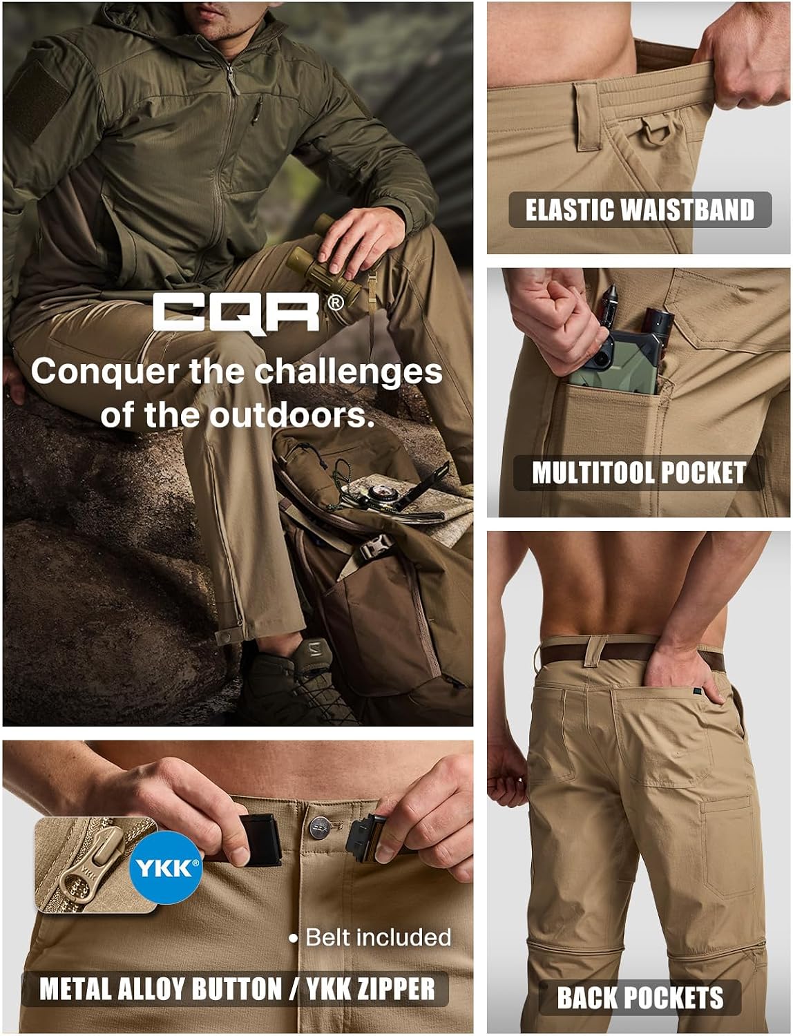 CQR Men's Convertible Cargo Tactical Pants, Water Resistant Outdoor Hiking Pants, Zip Off Lightweight Stretch Work Pants