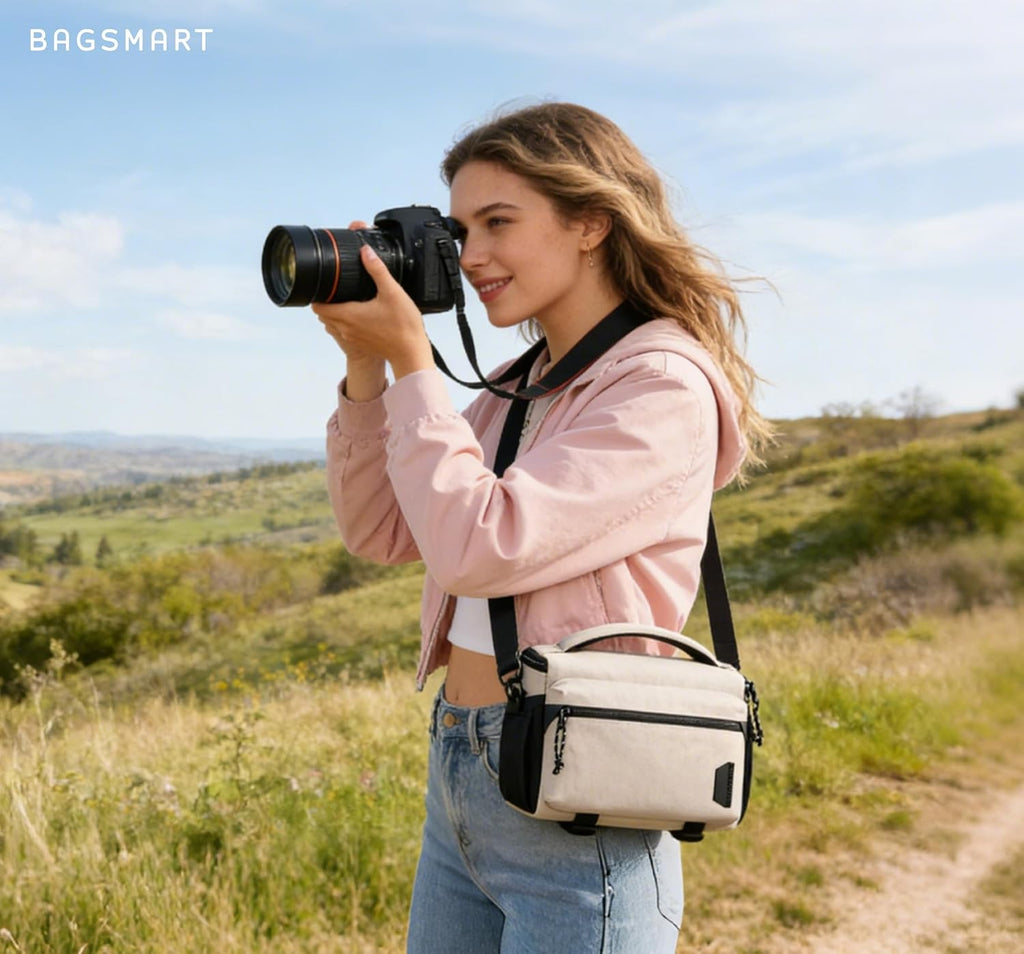 BAGSMART Camera Sling Bag with Tripod Holder & Rain Cover, Ivory White
