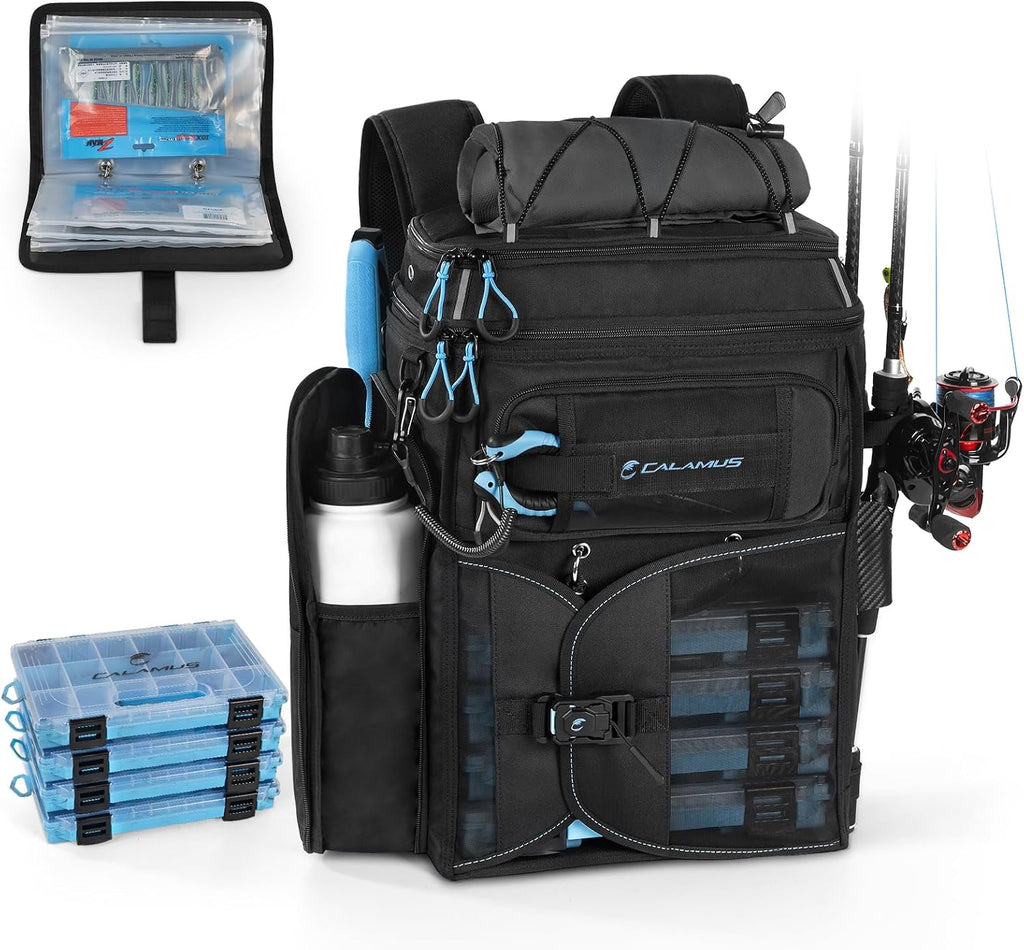 Calamus GearMaster Fishing Backpack with Bait Binder, Black With (4) 3600 Tackle Boxes