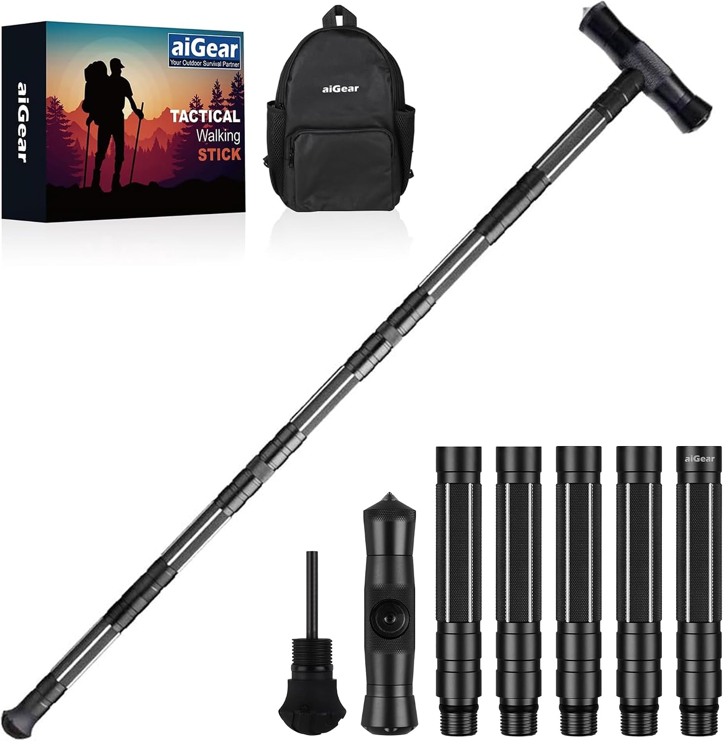 aiGear G2 Tactical Hiking Stick with Survival Kit, 5-Section Staff