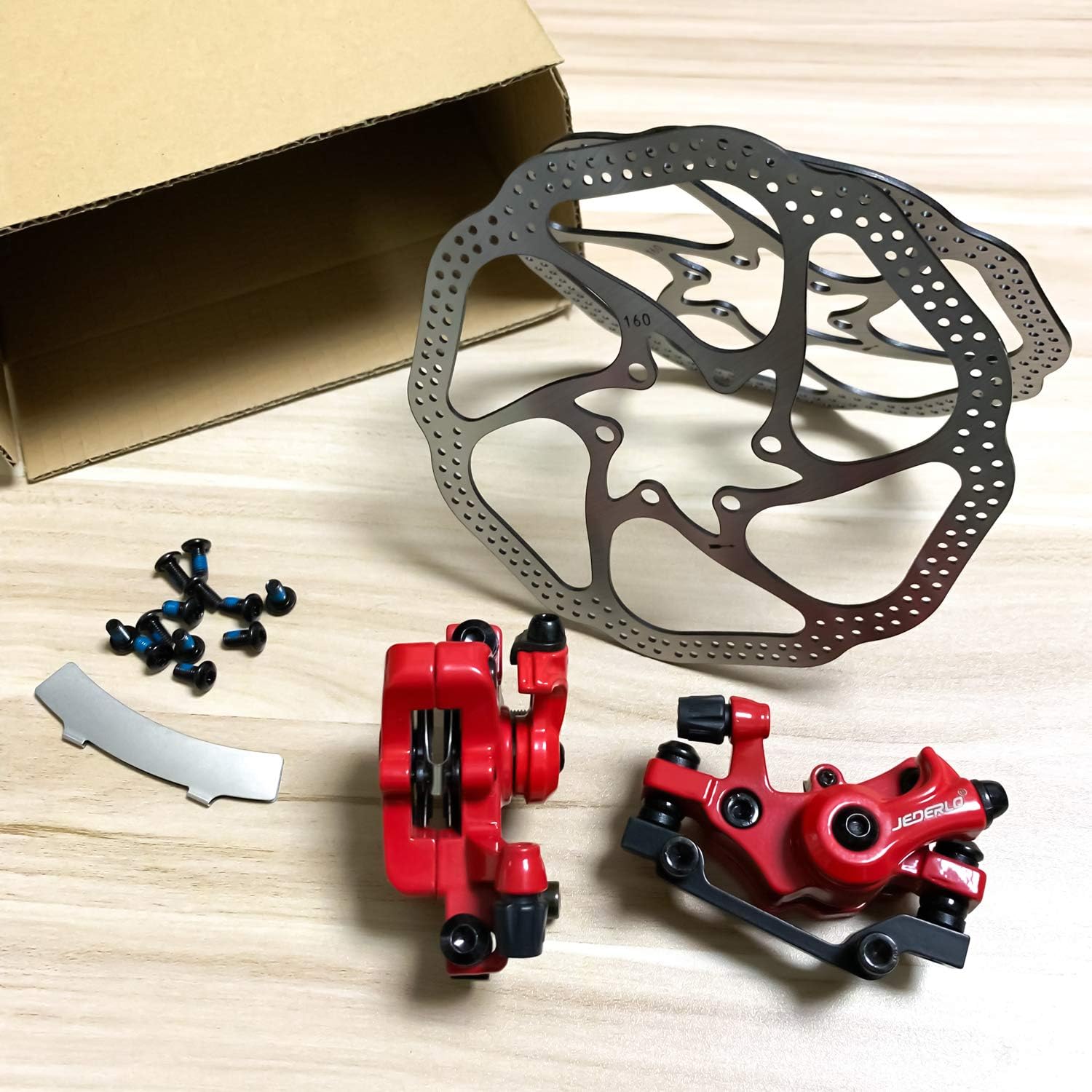 Farbetter Bike Disc Brake Kit, Including Front and Rear Caliper, 160mm Rotor, Mechanic Tool-Free Pad Adjuster for Mountain Bike, Road Cycling, Fixed Gear Bike, MTB, BMX (Red)
