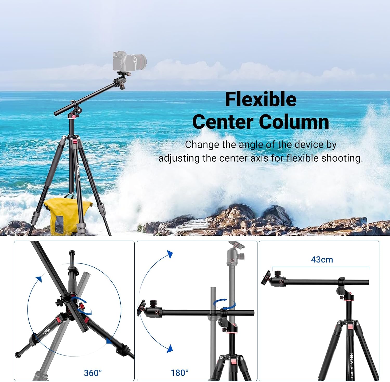 NEEWER 90 Inch Tall Overhead Horizontal Camera Tripod Monopod with Ball Head & Flexible Center Column, Metal DSLR Video Travel Stand, Arca Type QR Plate & Inverted Legs, Max Load 10 kg / 22 lbs, TP63