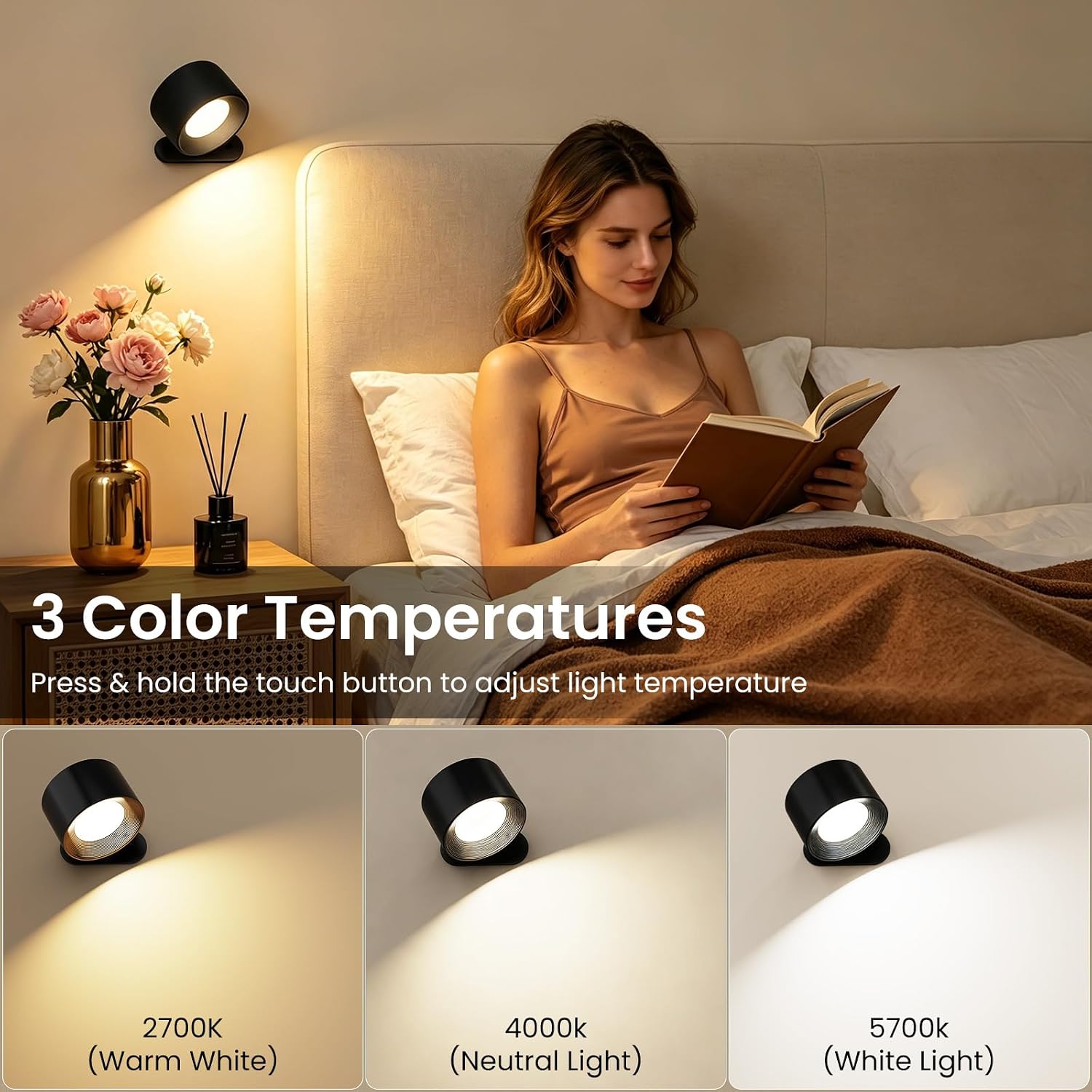 Koopala 2PCS Rechargeable Battery Operated LED Wall Lamps, Wall Mounted Lights with 3 Brightness 3 Color Temp Removable Charging 360°Rotate Magnetic, Cordless Wall Sconces for Reading Bedside-Black