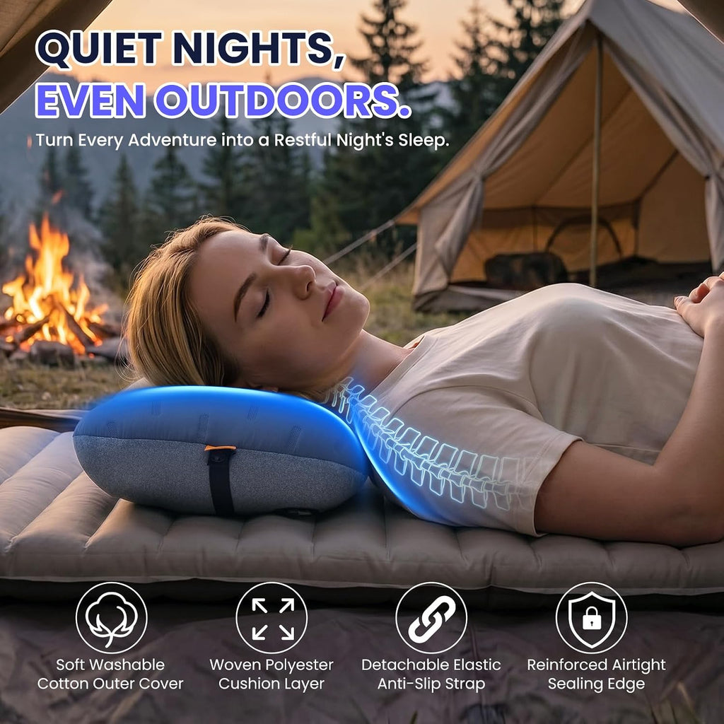 Inflatable Camping Pillow - Ultralight Compact Air Pillow for Travel, Backpacking & Hiking - Ergonomic Neck & Lumbar Support - Portable Inflatable Pillow with Removable Washable Cover - (Grey)