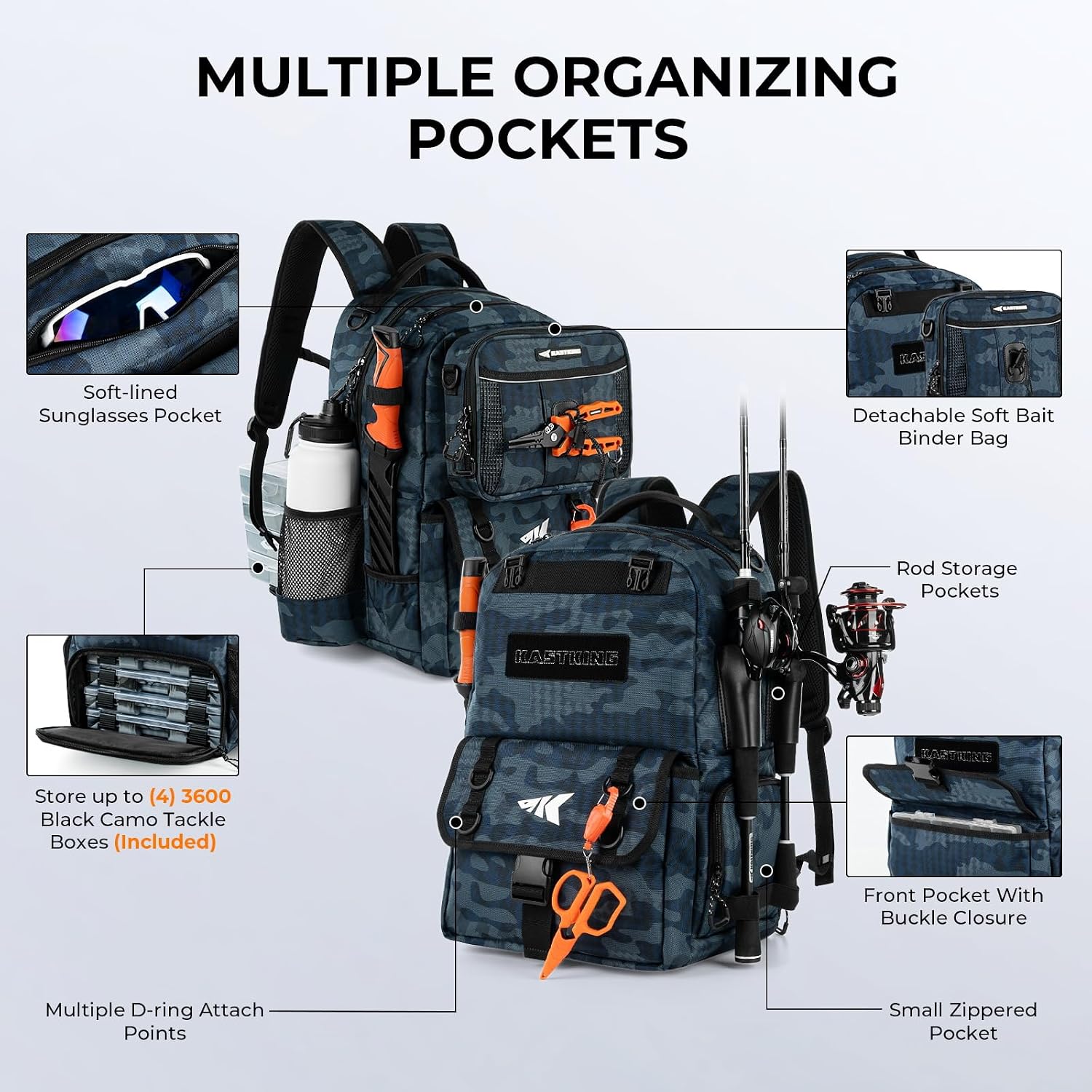 KastKing BaitSpace Fishing Tackle Backpack with Removable Bait Binder,2 Rod Holders Storage Fishing Gear and Equipment