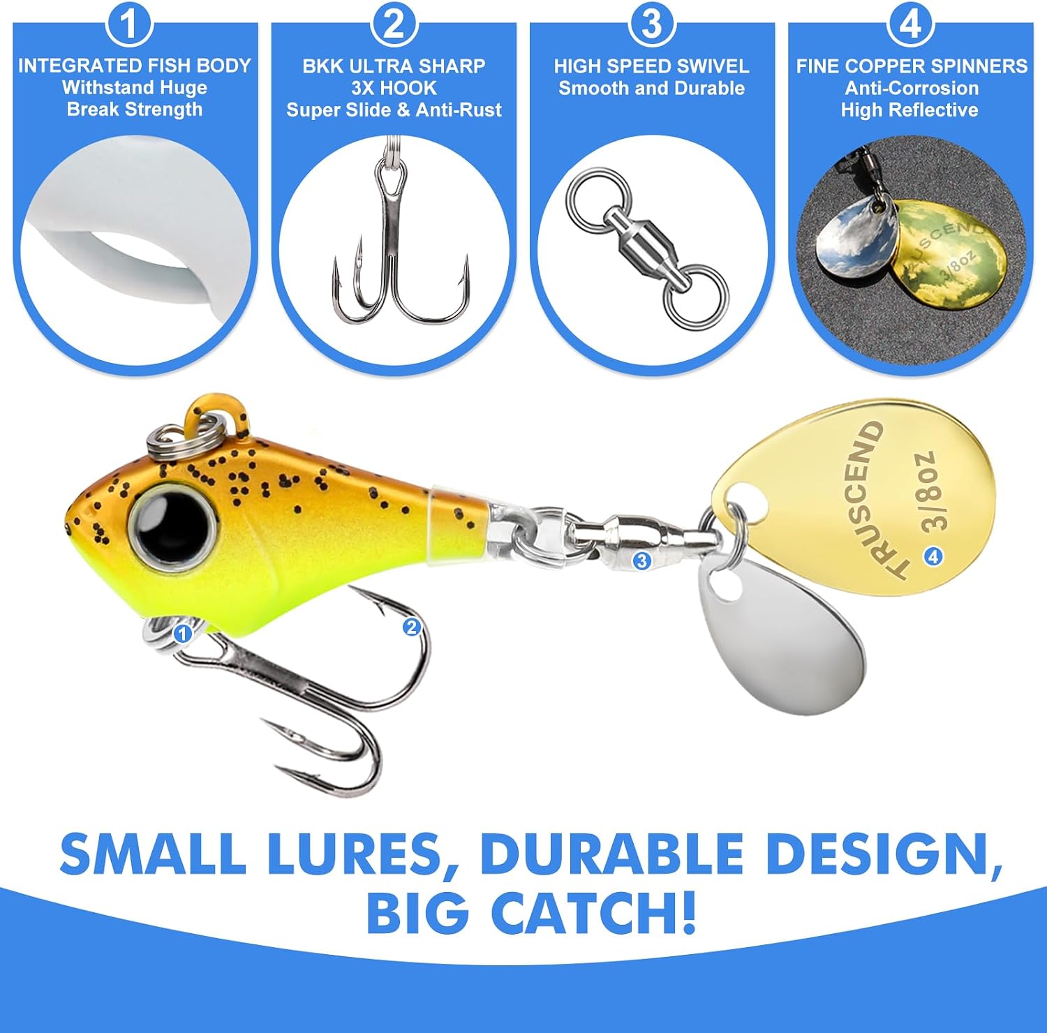 TRUSCEND Swim or Jig Fishing Spinner Baits for Freshwater and Saltwater, Rooster Tail Fishing Lures for Trout Bass Walleye Crappie Salmon Pike, Blade Bait with Copper Blade