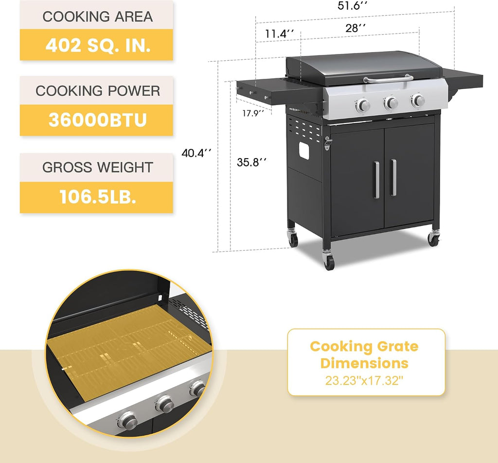DIFY 3-Burner Propane Gas Griddle Grill, 28 in Flat Top Griddle Grill with Porcelain-Enameled Grates and Stainless Steel Frying Pan, 36000 BTU Output Barbecue Grills for Outdoor Barbecue