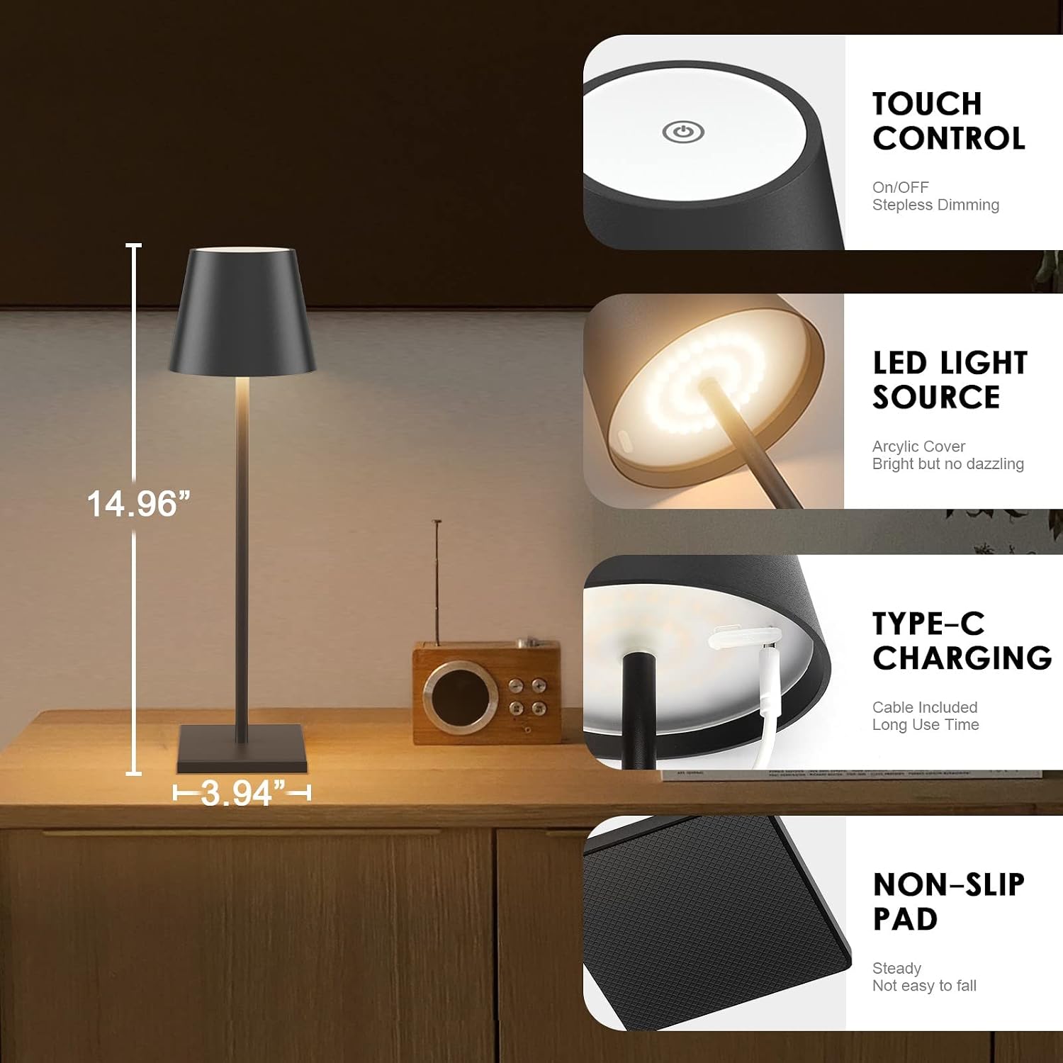 Black Cordless Table Lamp, 5000mAh Portable LED Rechargeable Lamp