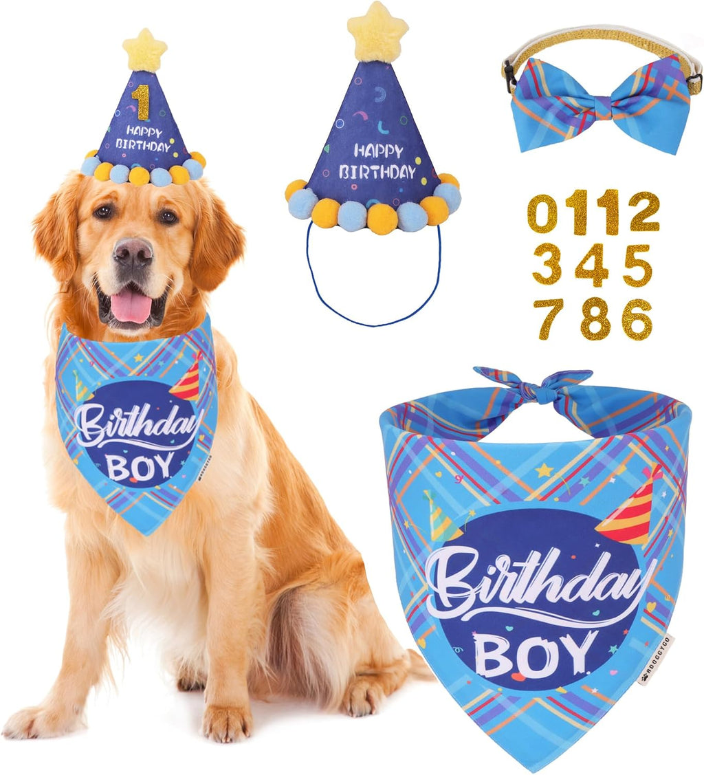 ADOGGYGO Dog Birthday Hat, Blue Birthday Boy Dog Bandana Set, X-Large