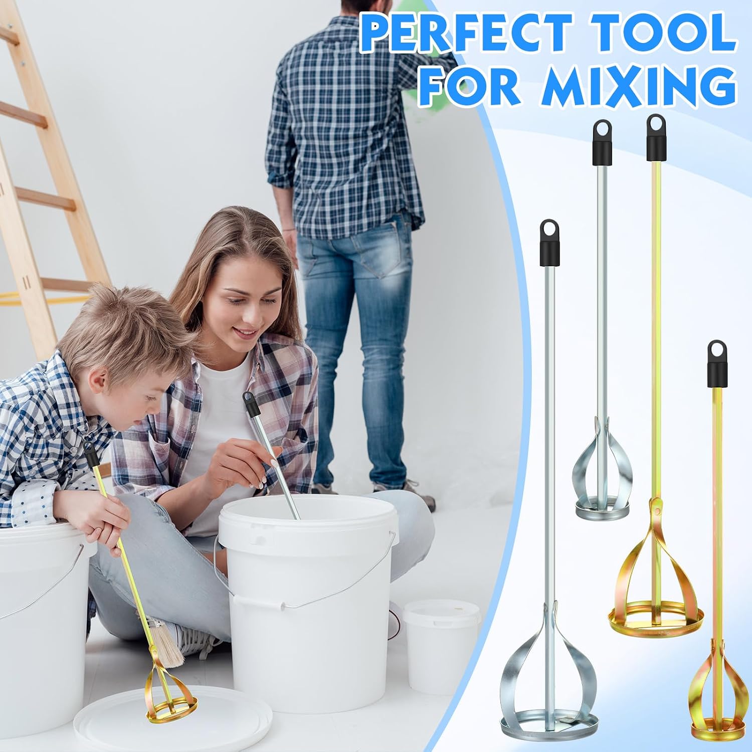 4 Pcs Paint Mixer for Drill Paint Stirrer Fits 1-5 Gallon Buckets for All Standard Drill Bits, 2 Large and 2 Medium - Zinc Plated Stirrer Mixer Rods for Concrete Resin Epoxy(Gold, Silver)