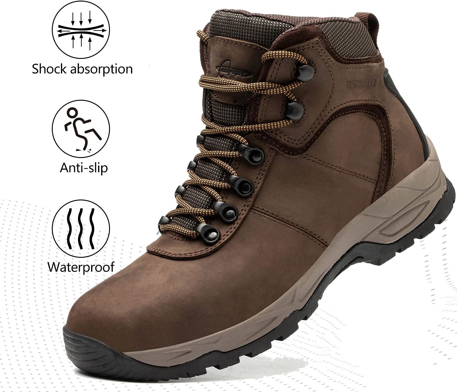 Waterproof Hiking Boots for Men, 6" Comfortable Soft Toe Shoes Mid Non Slip Hiking Shoes Outdoor Travel Shoes Leather Hiking Backpack Boots