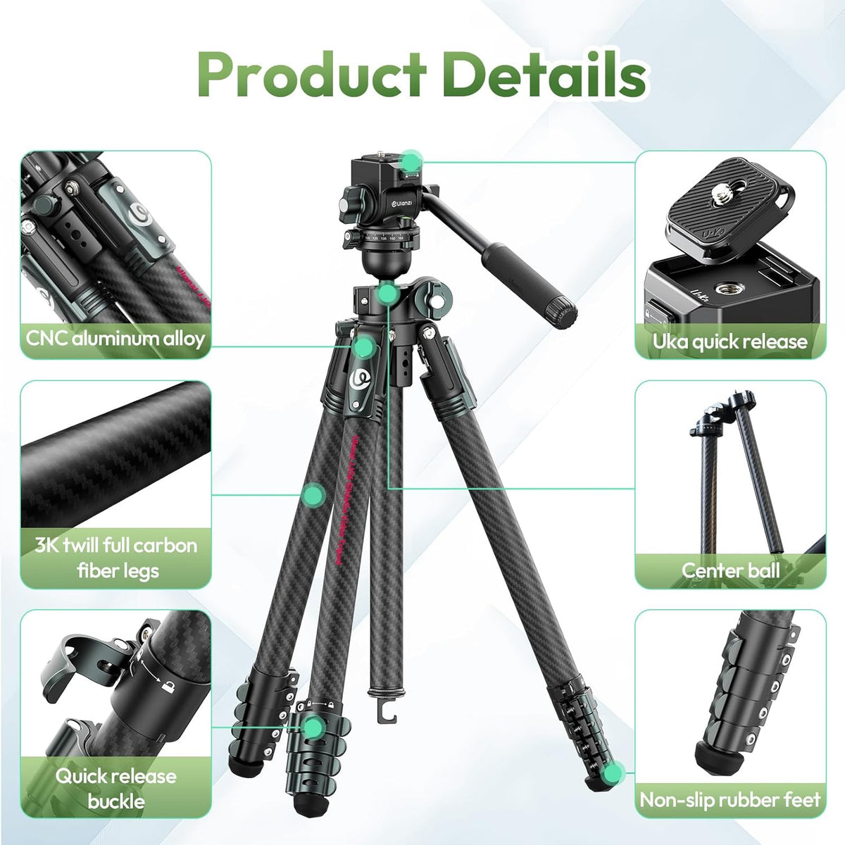 ULANZI JJ06 GlideGo Carbon Fiber Video Tripod, 73.6in, 11lb Load