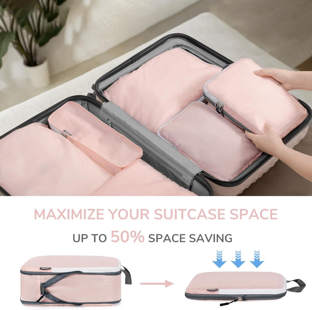 CherryNow 7 Set Compression Travel Packing Cubes, Travel Essentials, Pink