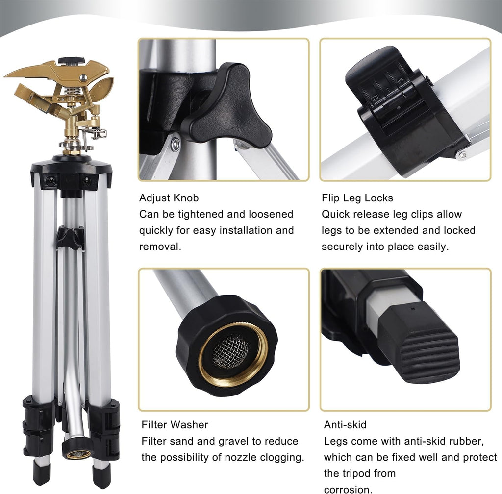 Biswing Large Impact Sprinkler Head on Tripod Base, Adjustable Zinc Alloy Lawn Sprinklers for Yard Lawn Garden, 3/4" NH Connector, 360 Degree Large Area Coverage Irrigator with Extension Legs, 1 Pack