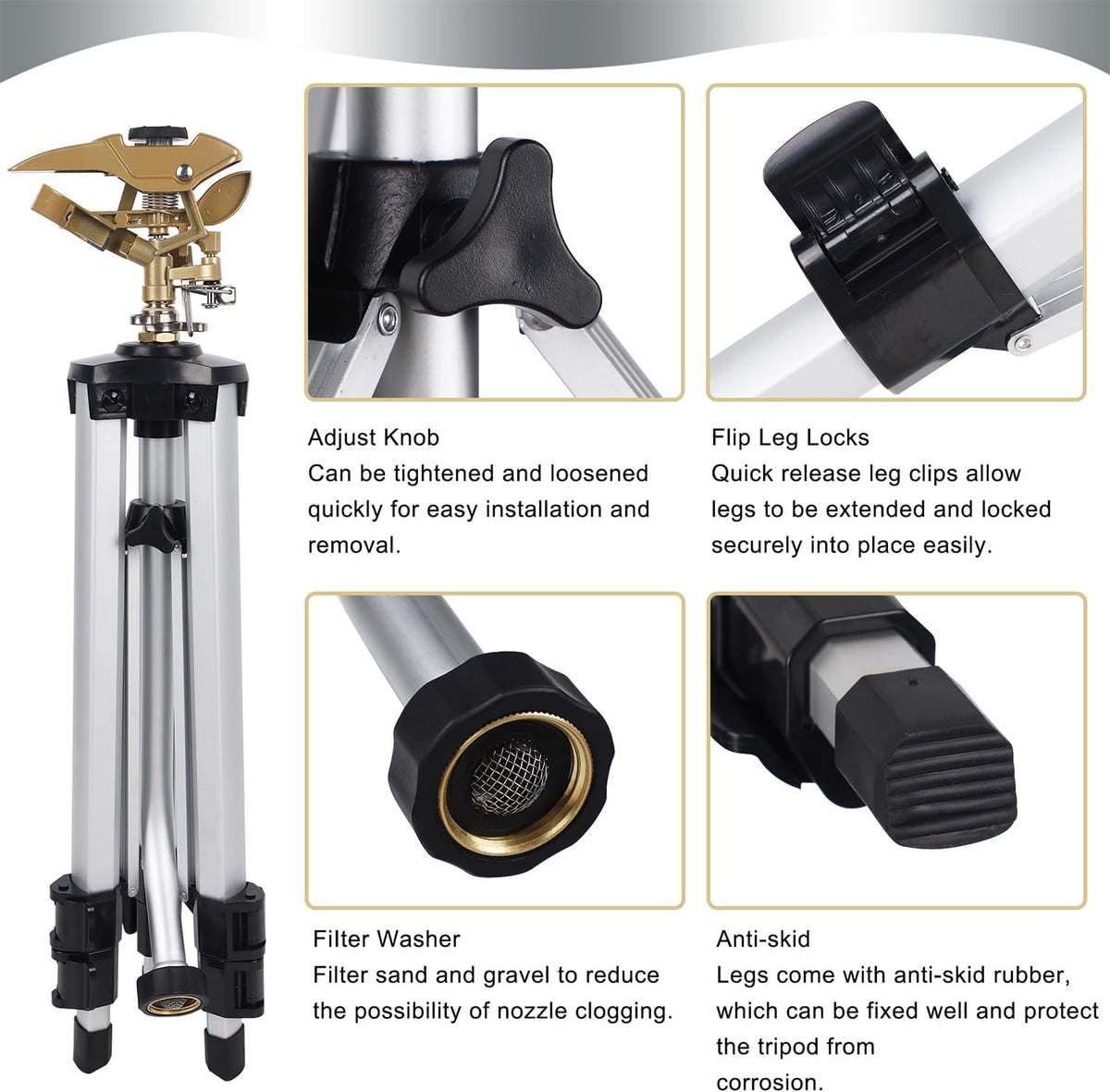 Biswing Large Impact Sprinkler Head on Tripod Base, Adjustable Zinc Alloy Lawn Sprinklers for Yard Lawn Garden, 3/4" NH Connector, 360 Degree Large Area Coverage Irrigator with Extension Legs, 1 Pack