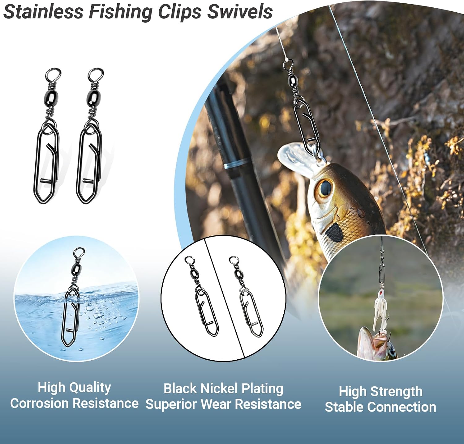 AMYSPORTS Heavy Strength Fishing Snap Stainless Saltwater Freshwater Fishing Swivel Clip Rolling Barrel Fishing Clips Swivels Speed Change Black Nickel