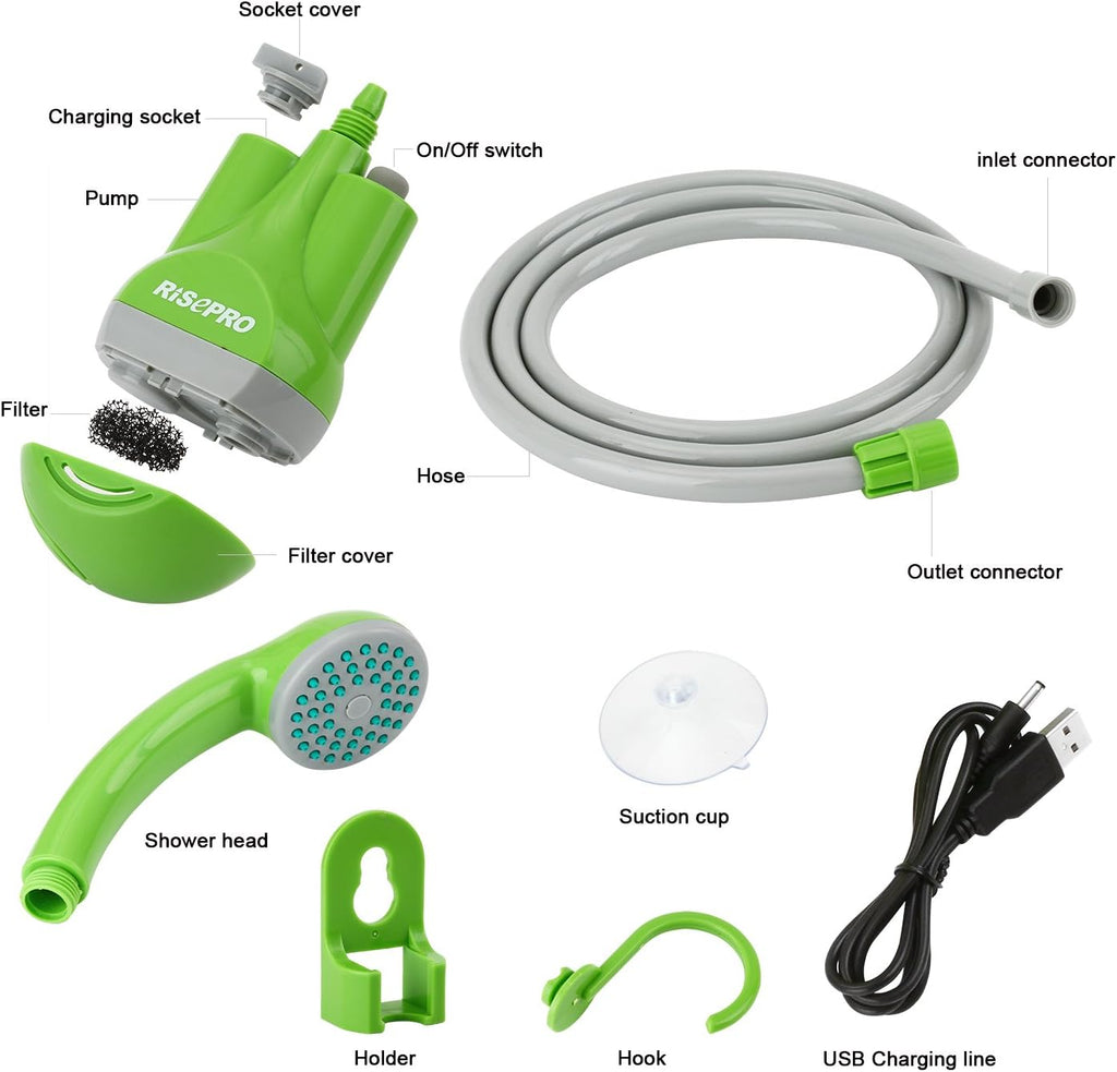 Portable Camping Shower, Outdoor Head, Pump With Rechargeable Battery, USB Charging Line, Pumps Water From Bucket for Hiking, Pet Cleaning, Car Washing