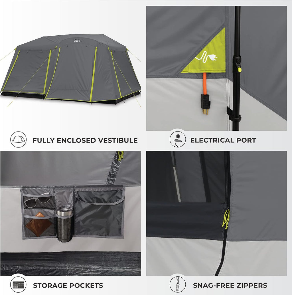 CORE Instant Cabin Tents | Family Cabin Multi Room Pop Up Tents Car Camping | Included Storage Pockets for Camping Accessories