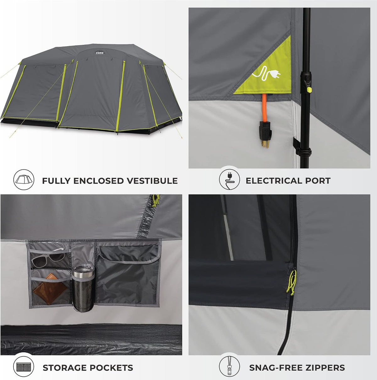 CORE Instant Cabin Tents | Family Cabin Multi Room Pop Up Tents Car Camping | Included Storage Pockets for Camping Accessories