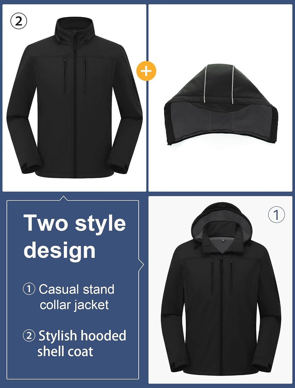 CREATMO US Men's Softshell Military Jacket With Removable Hood, Fleece Lined and Water Repellent Outdoor Reflective Coat