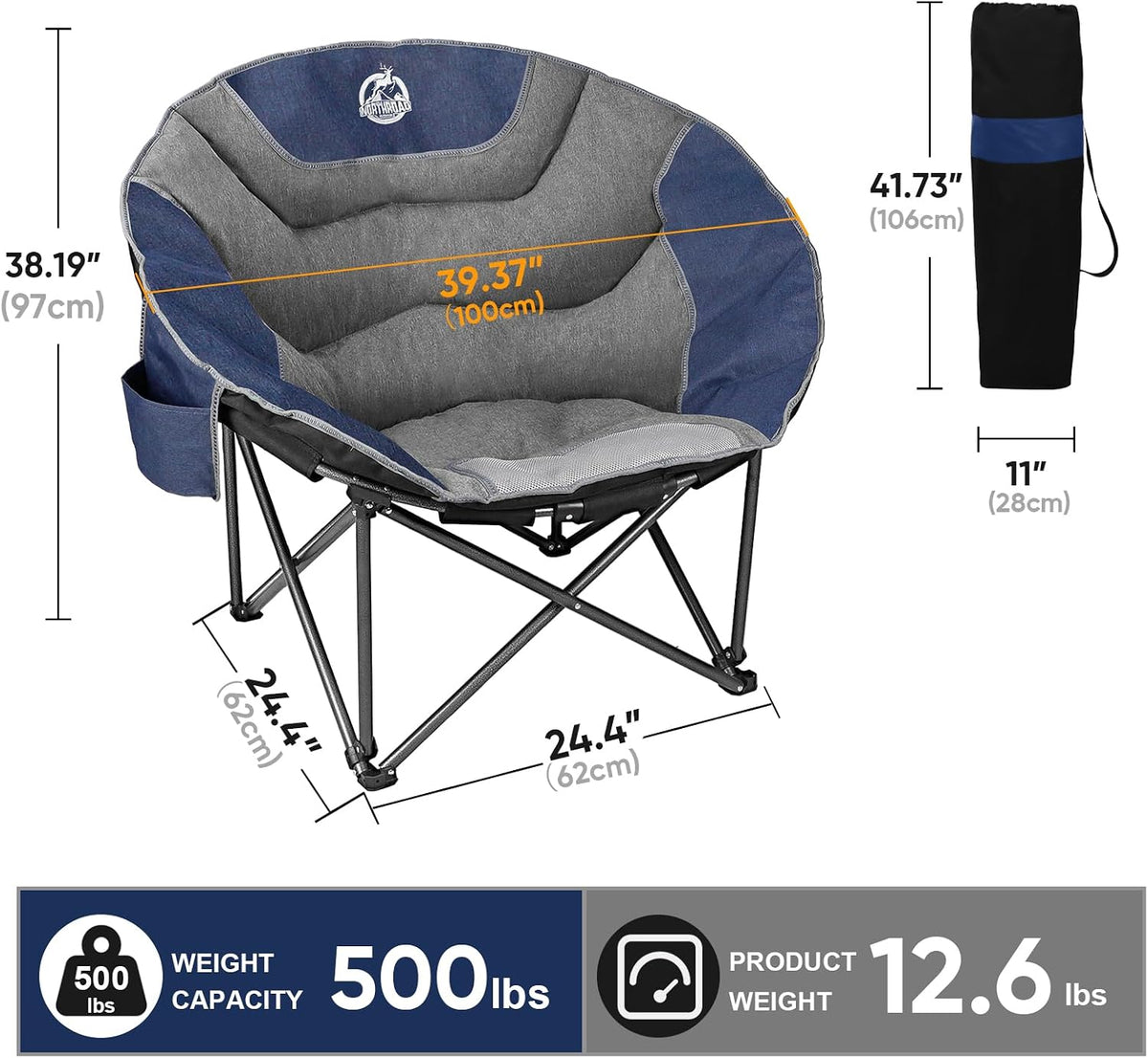 Northroad XXL Camping Moon Chair,Oversized Round Chair,Folding Padded Saucer w/Side Pocket,500lbs Capacity for Outdoor Hiking Fishing Picnic Lawn,Blue&Grey
