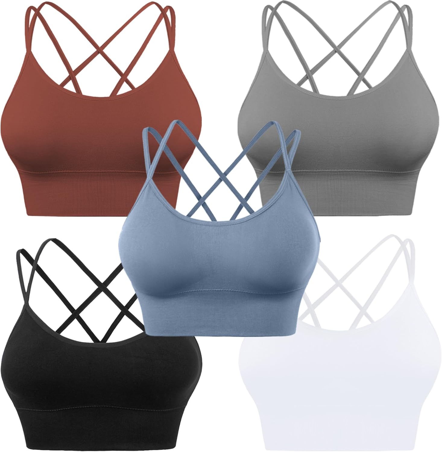 Women's Cross Back Sport Bras, Padded Strappy Seamless Low Impact 3-5 Pack