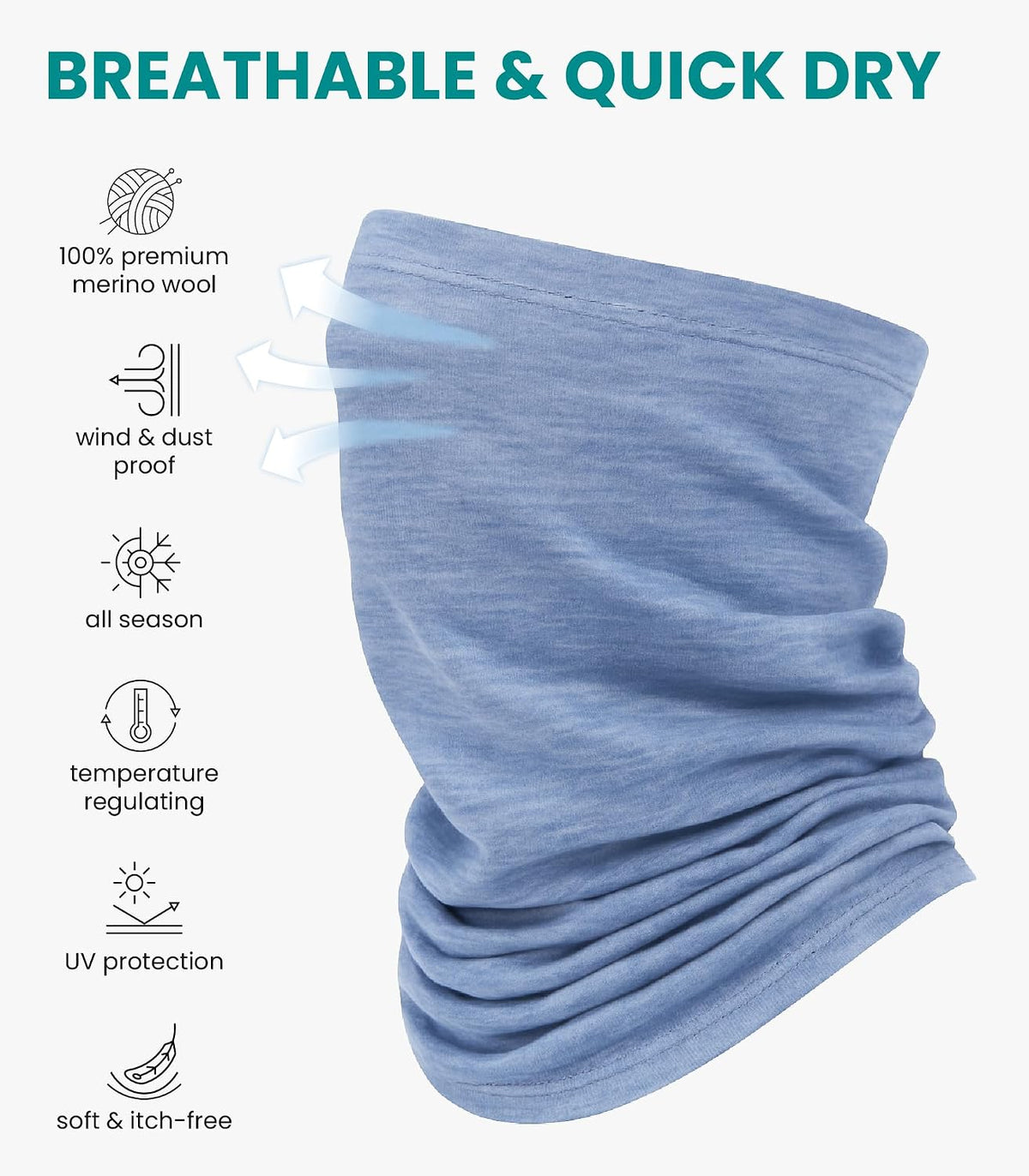 100% Merino Wool Neck Gaiter, 17.5um Face Mask, Unisex Neck Warmer 1-2 Pack