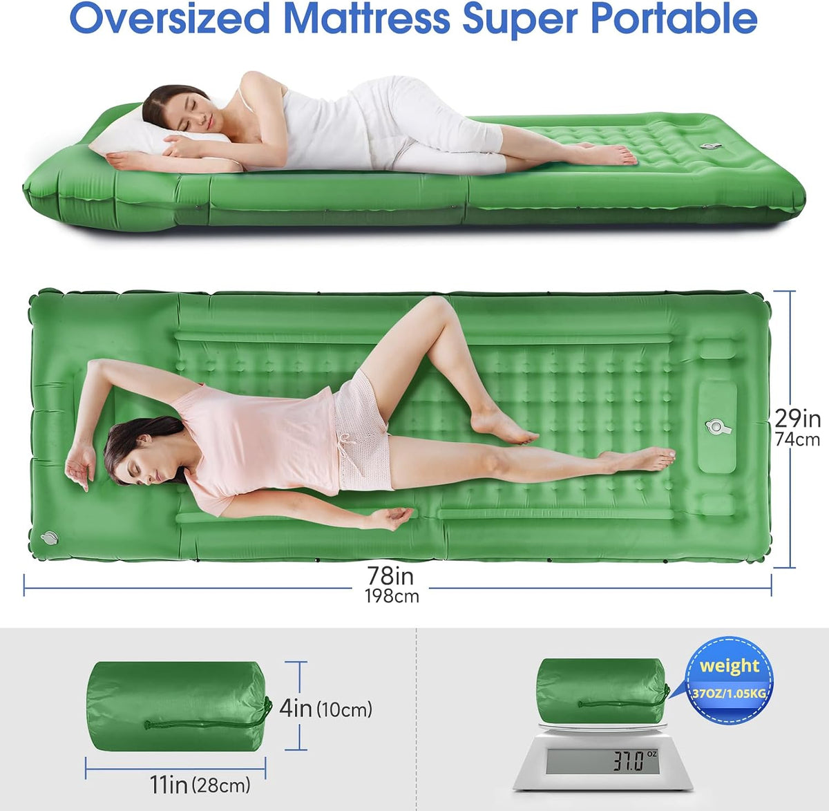 LILTSDRAE Camping Sleeping Pads，Extra Thick 5 Inch Inflatable Sleeping Mat with Pillow Built-in Pump，Oversized Mattress Super Portable Backpacking Sleeping Pad (Green, Single)