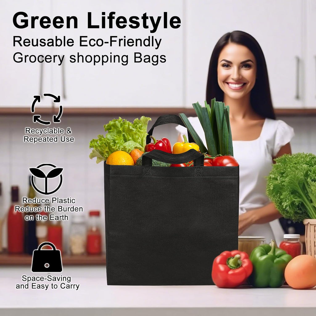 JERIA Black Reusable Totes Bag with Reinforced Handles Non Woven Bulk Shopping Bags