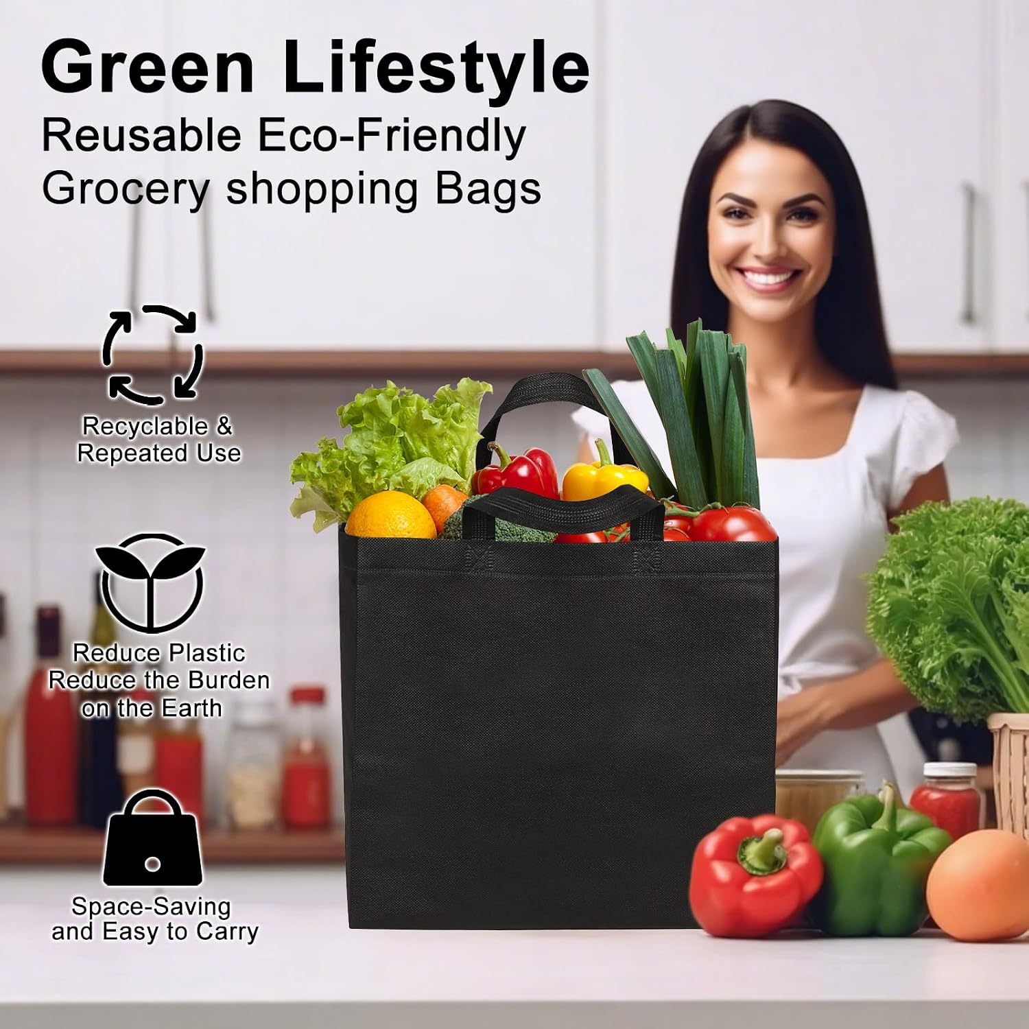 JERIA Black Reusable Totes Bag with Reinforced Handles Non Woven Bulk Shopping Bags