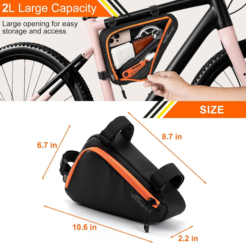 Bicycle Frame Repair Bag with Tire Patch and Inflate Pump - Portable Travel Emergency Tool Kit, Bike Accessories for Adult Bikes with IPX4 Waterproof