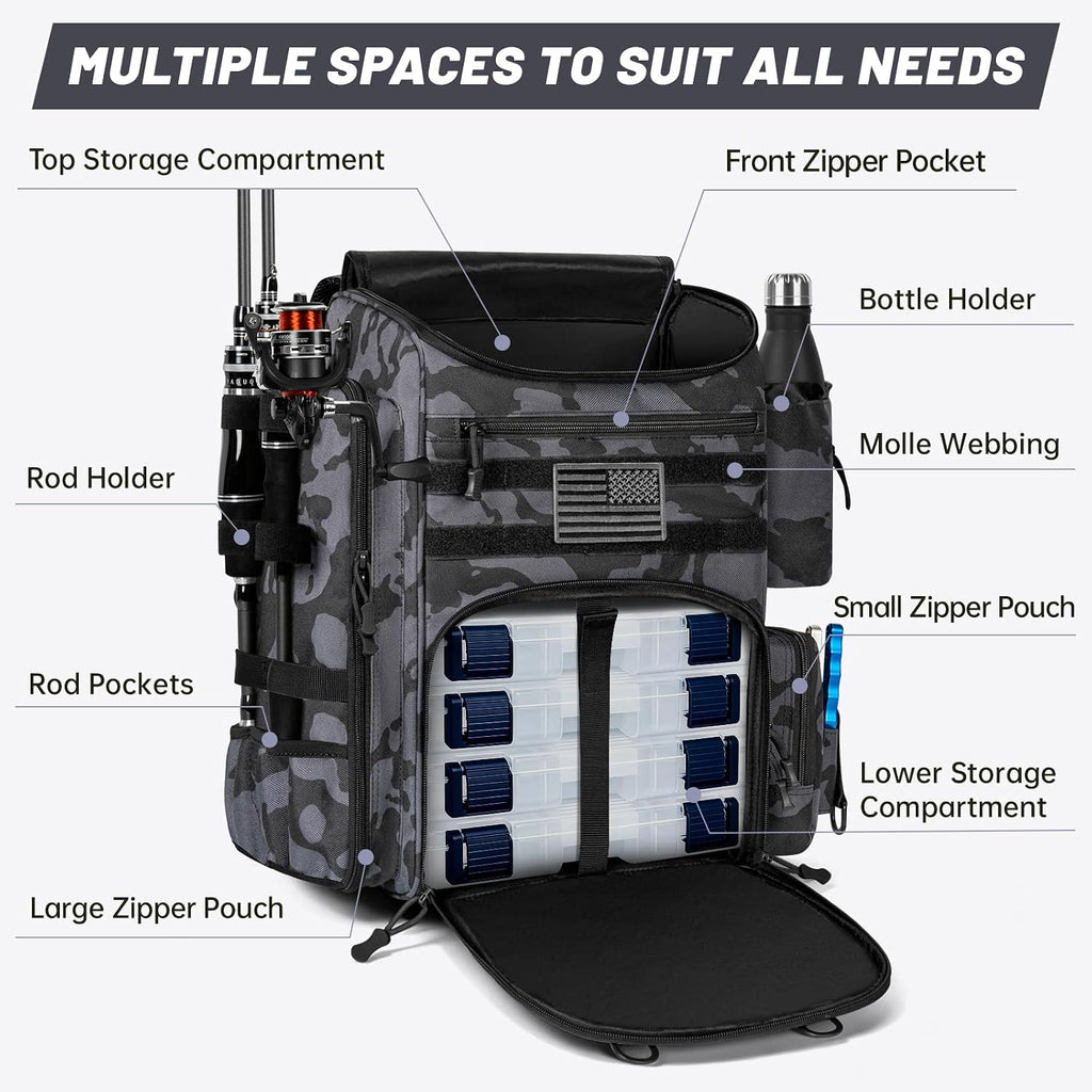 40L Tackle Fishing Backpack with 2 Rod Holders, Fits 4 3600 Trays