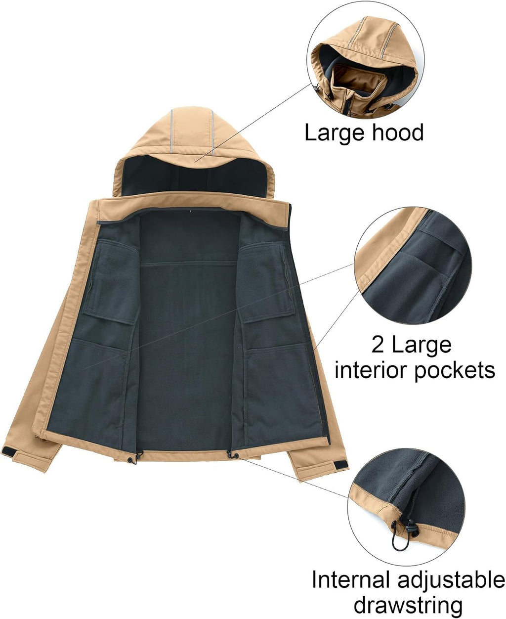 CREATMO US Men's Softshell Military Jacket With Removable Hood, Fleece Lined and Water Repellent Outdoor Reflective Coat