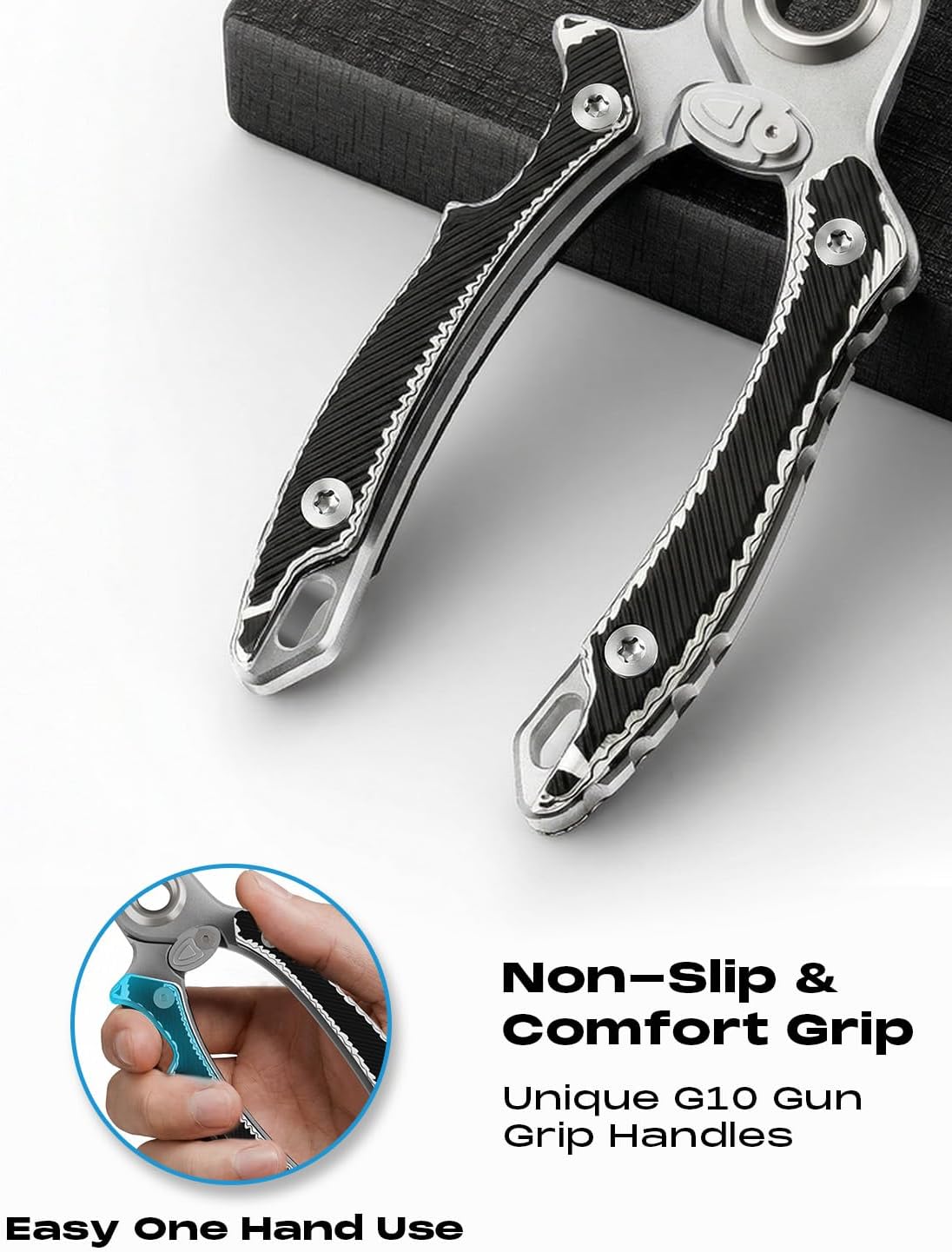 HOOK-EZE Anti-Twist Fishing Pliers with Multi-Function Design, 7.1" Saltwater 17-4 Stainless Steel Fishing Gear with G10 Handles, Split Ring Pliers, Fish Hook Remover Tool - Black/White