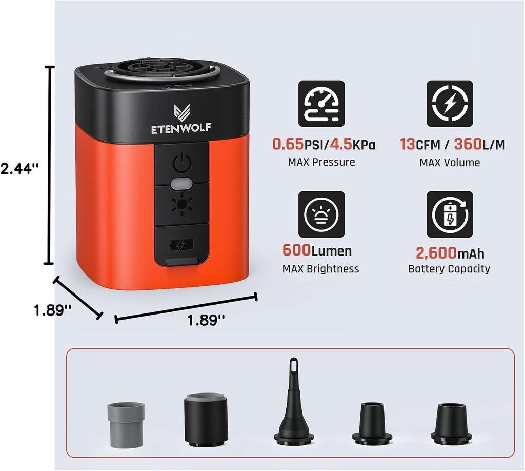ETENWOLF AIR 3 Air Pump for Inflatables with 2600mAh Battery& Camping Light