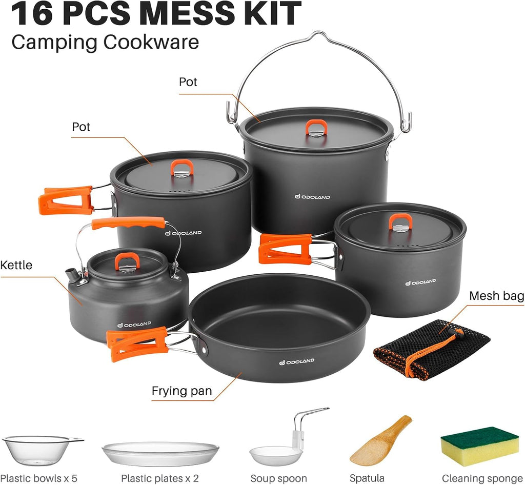 Odoland 18pcs Camping Cookware Large Size Hanging Pot Pan Kettle Set with Plastic Plates Bowls Soup Spoon for Camping, Backpacking, Outdoor Cooking and Picnic