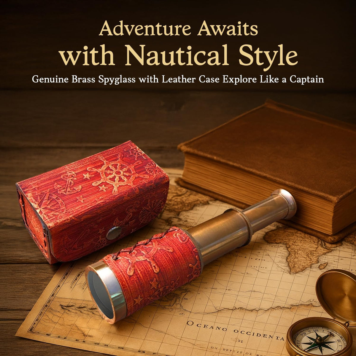 NauticalMart Brass Pirate Telescope 6 Inch Nautical Spyglass Collapsible Monocular for Adventure Enthusiasts Gift | Solid Brass Handheld Telescope with Leather Handle for Adult Telescopes