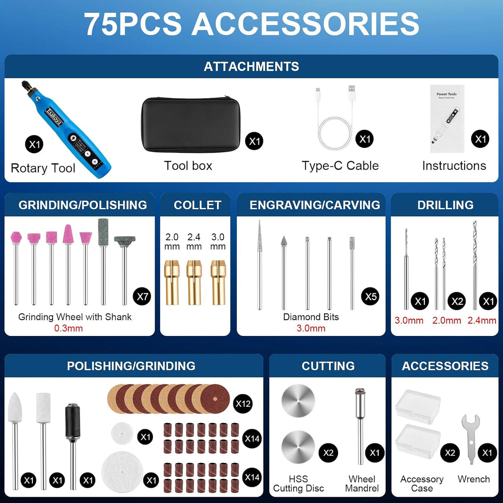 75pcs Cordless Rotary Tool Kit, 5-Speed Rotary Tool for DIY Crafts