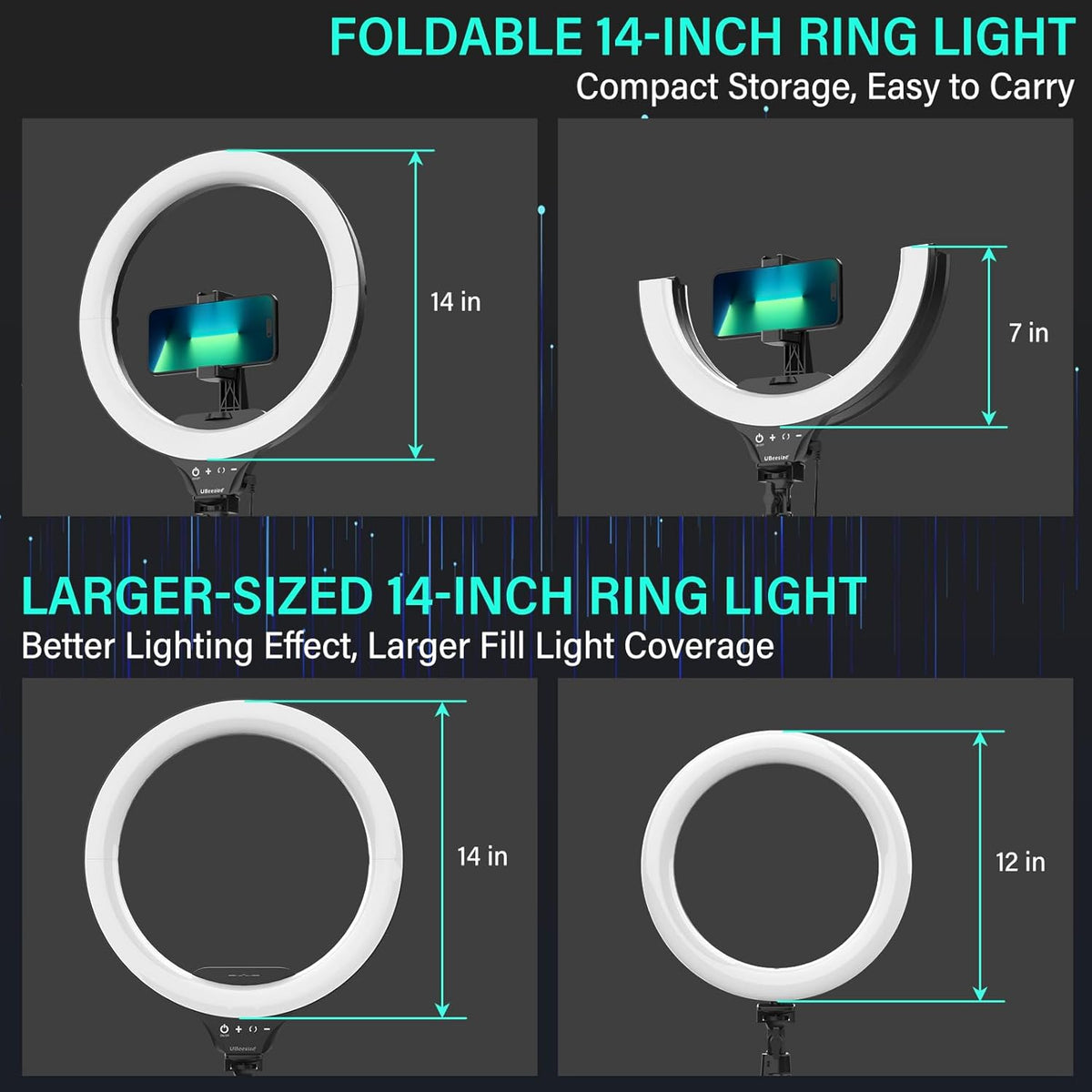 UBeesize 14'' LED Foldable Ring Light with 62'' Tripod Stand, Selfie Ring Light for Video Recording, Live Streaming, TikTok & YouTube, Compatible with iPhone & Android (Black)