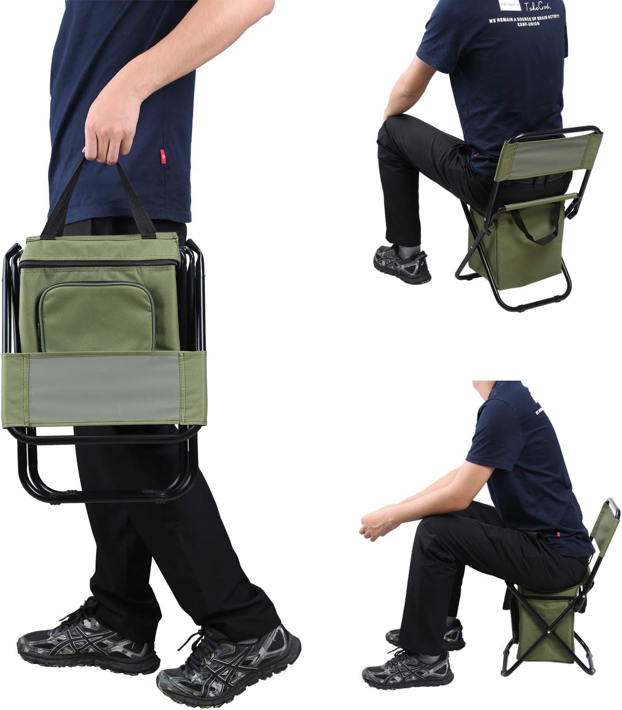 LEADALLWAY Fishing Chair with Cooler Bag Compact Fishing Stool Foldable Small Hunting Chair 12.2" Seat Depth,12.6" Seat Width
